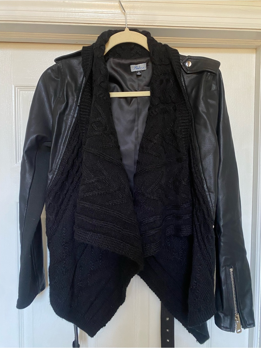South Moon Under Abbeline Black Faux Leather Jacket with Knit Draped Front